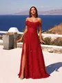 Elegante abito da sera rosso con paillettes, spalle scoperte e spacco alto sexy - XS / Vestiti / Rosso