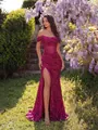 Abito da sera con paillettes magenta, spalle scoperte, vita a corsetto e spacco alto - XS / Vestiti / Rosso rosa