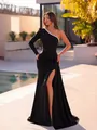 Elegante abito da sera nero monospalla con finiture in strass e spacco laterale alto - Taglia S / Vestiti / Nero