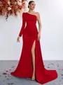 Elegante abito da sera rosso monospalla con perle e spacco alto ideale per le feste - Taglia M / Vestiti / Rosso