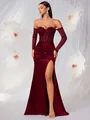 Elegante abito da sera in pizzo rosso vino con corsetto e spacco alto sulla gamba - XS / Vestiti / Borgogna