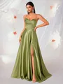 Elegante abito da sera in raso verde oliva con corpetto a corsetto e spacco alto - XS / Vestiti / Verde brillante