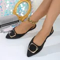 Elegant black pointed-toe flat slingback sandals with decorative square buckle. - 35 / Black