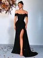 Elegante abito da sera nero con paillettes, spalle scoperte, spacco e coda a sirena. - XS / Vestiti / Nero