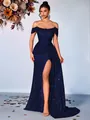Elegante abito da sera blu scuro con paillettes, spalle scoperte e spacco alto laterale - XS / Vestiti / Blu navy