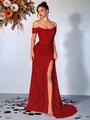 Elegante abito da sera rosso con paillettes, scollo a barca, spacco alto e vita a corsetto - XS / Vestiti / Rosso