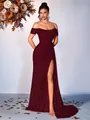 Elegante abito da sera in paillettes bordeaux con spalle scoperte, spacco alto e linea slim - XS / Vestiti / Borgogna
