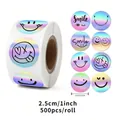 Holographic smile face stickers detail showing various expressions and roll packaging - Smiley Stickers (C1) / 25mm 500 Sheets/Roll