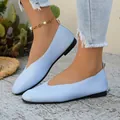 Elegant retro light blue flat shoes for women with textured pebble grain and V-shaped vamp - Light Blue