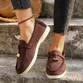 Casual dark brown suede loafers for women featuring decorative gold metal buckles - 38 / Coffee