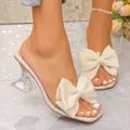 Eleganti sandali crema con tacco alto, grande fiocco e tacco in cristallo per donne - Beige