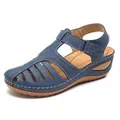Women's retro blue closed-toe wedge sandals featuring hollow-out patterns and velcro - Blue