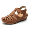 Vintage brown closed toe hollow out wedge sandals for women with comfortable thick sole - Dark Brown