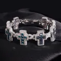 Luxury S925 silver iced out cross bracelet featuring vibrant blue moissanite stones - 19.4mm + 7 Inch / London Blue Moissanite Cross (B1885) / White Gold