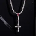 3mm 925 silver Moissanite hip hop cross tennis necklace with pink accent stone - 3mm 18 Inch / Silver Tone With Pink Moissanite