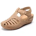 Vintage closed-toe wedge sandals for women with hollow out design and velcro strap. - Off White