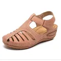 Retro dusty pink wedge sandals for women with hollow-out octopus design and velcro - Pink
