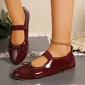 Elegant burgundy patent leather Mary Jane flats with chic bow and elastic ankle strap - 35 / Red
