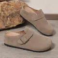 Casual taupe suede backless mules with adjustable buckle and thick non-slip soles. - 36 / Khaki