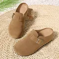 Casual tan suede-like mules for women featuring an adjustable vintage metal buckle strap - 36 / Camel