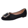 Elegant black pointed-toe ballet flats featuring a sparkling square rhinestone buckle detail - 35 / Black