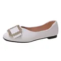 Elegant white women's flat shoes featuring a decorative sparkly square buckle detail - 35 / White