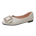 Elegant cream ballet flats with crystal buckle and comfortable soft leather upper - 35 / Green