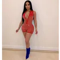 Red sleeveless bodysuit romper with white rhinestone studs and a front zipper detail. - S / Top And Bottom (8357) / Red