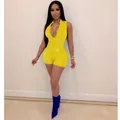Yellow sleeveless rhinestone jumpsuit with front zipper for nightclub parties and events - S / Top And Bottom (8357) / Yellow