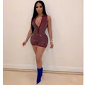 Slim-fit burgundy sleeveless romper with rhinestone embellishments and front zipper. - Burgundy