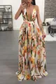 Floral print deep V-neck backless chiffon maxi dress for elegant summer evening parties. - S / Dresses / Orange