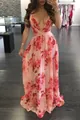 Elegant pink floral chiffon maxi dress with deep V-neckline and flowing A-line skirt - S / Dresses / Pink