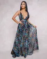 Close-up of floral print and deep V-neck on a flowing chiffon maxi dress - S / Dresses / Blue Floral