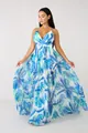Detailed view of flowing deep V-neck chiffon maxi dress with blue tropical palm print - S / Dresses / Blue