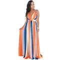 Full-length view of a vibrant multicolored striped chiffon maxi dress with deep V-neck. - S / Dresses / Multicolor Stripe