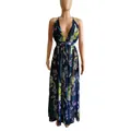 Elegant deep V-neck backless floral chiffon maxi dress for summer beach vacations style - S / Dresses / Navy Blue