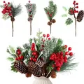 Vielfalt an künstlichen Weihnachtszweigen mit roten Beeren, Tannennadeln und Zapfen. - S212 Stil / 12er-Set