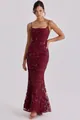 Elegant burgundy sequined spaghetti strap evening gown with corset bodice and mermaid tail - S / Dresses / Burgundy
