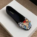 Elegant black velvet flat shoe with luxury colorful rhinestone and pearl toe embellishment - 34 / Black (Fleece Lined)