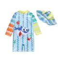 Einteiliges UV-Schutz-Badeanzug-Set für Jungen mit dem passenden Hai-Sonnenhut - 2XL (110-120cm, 19.5-23.5kg) / Set / Wellenhai