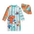 Detailansicht eines Kinder-Badeanzugs mit Haifisch-Motiv und dem passenden Sonnenhut - 2XL (110-120cm, 19.5-23.5kg) / Set / Grün Gestreifter Hai