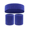 Blue absorbent sports sweatband set including one headband and two wristbands for gym - 2 Wristbands And 1 Headband / Dark Blue