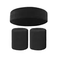 Premium black terry cloth sports headband and matching wristbands set for workout - 2 Wristbands And 1 Headband / Black
