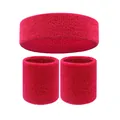 Red terry cloth sweatband set including one headband and two matching absorbent wristbands. - 2 Wristbands And 1 Headband / Deep Rose Red