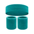 Turquoise terry cloth sports sweatband and matching wristband set for gym workouts - 2 Wristbands And 1 Headband / Lake Green
