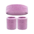 Pink terry cloth sports headband and wristbands sweatband set for fitness activities - 2 Wristbands And 1 Headband / Light Purple