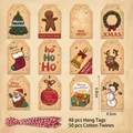 Set of 48 Christmas kraft paper gift tags featuring Santa Claus and snowman patterns - S587 Style / 48 Tags (Including 50 Red & White Cotton Ropes)