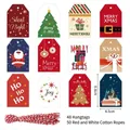 Set of 48 Christmas kraft paper gift tags with festive patterns and cotton twine. - S588 Style / 48 Tags (Including 50 Red & White Cotton Ropes)