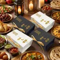 Elegant black and white Ramadan gift boxes with gold moon stamping and ribbons - Black Box With Gold Ribbon / Black