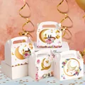 White Ramadan treat boxes with handle, featuring moon and flower prints, pack of four - S715 Style (S715) / Set of 4